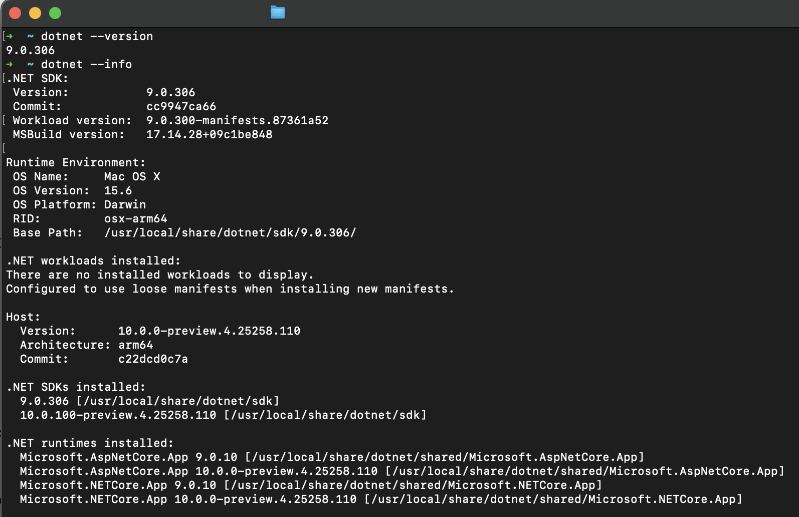 macOS Terminal showing dotnet version