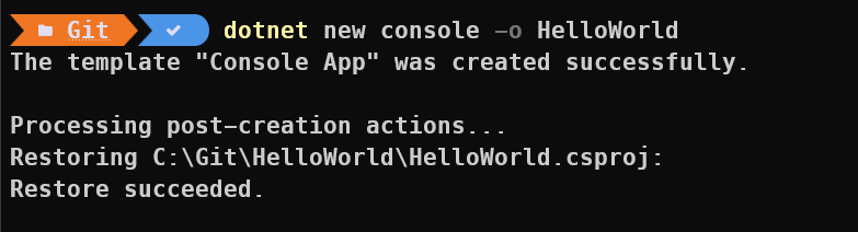Terminal showing dotnet new console and dotnet run output