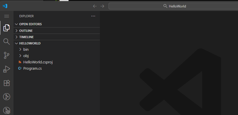 VS Code showing Program.cs Hello World code