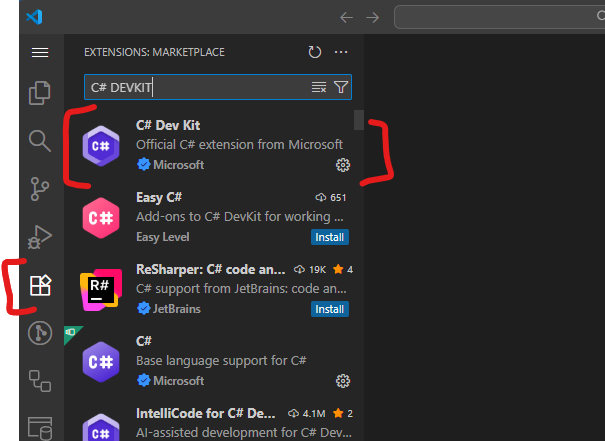 VS Code Extensions showing C# Dev Kit