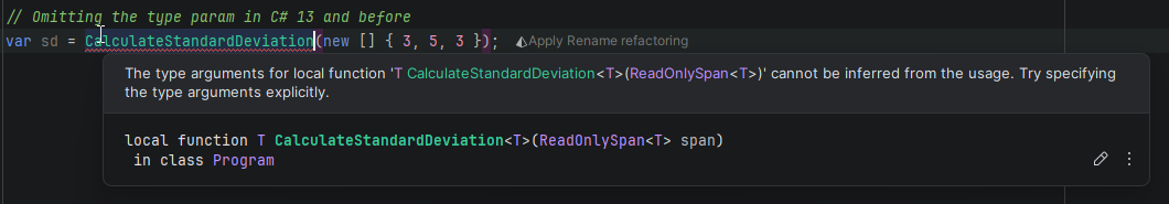 Screenshot of the compile-time error shown in C# 13 and earlier.
